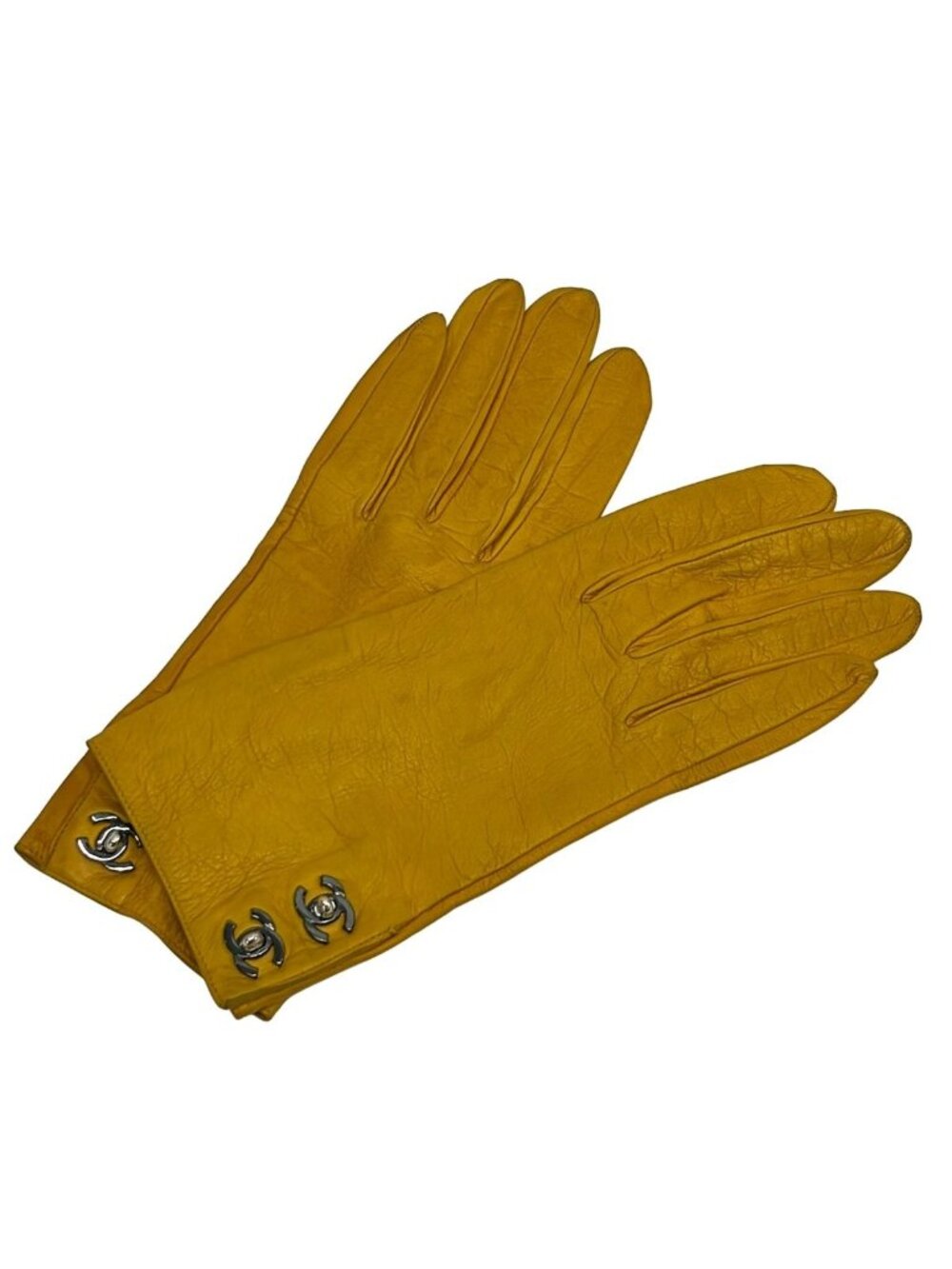 Chanel Gloves 7.5 Yellow CC Logo Turnlock Leather